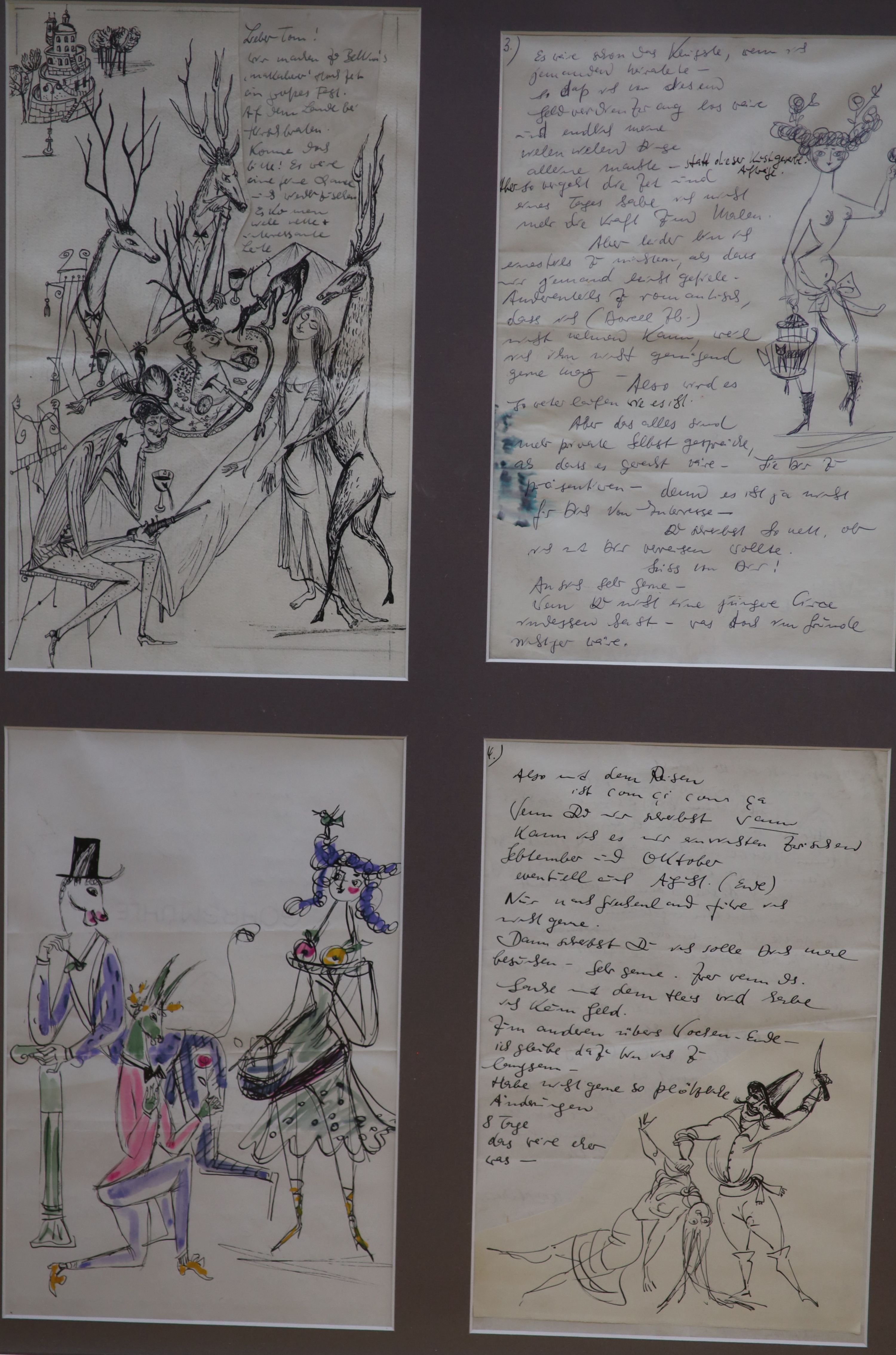 German School, pen and ink, Four page letter with anthropomorphic figures, inscribed 'To Tom', each 29 x 19cm, framed as one